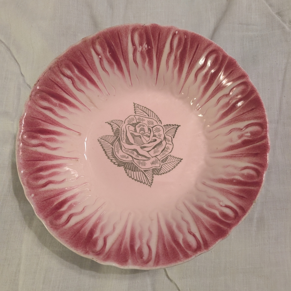 VTG 1940s Scio Pottery Reddish Pink Hairpin Design Serving Bowl With Green Rose